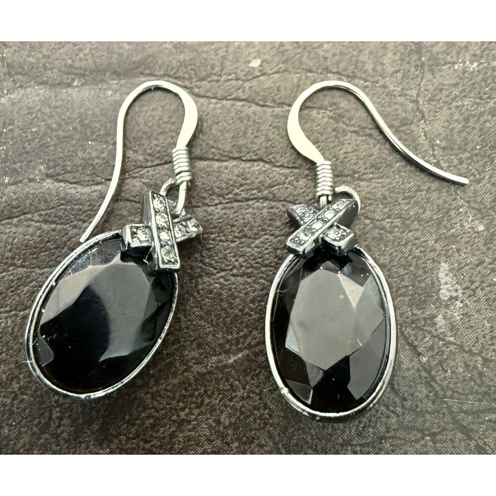 Givenchy Black & Silver Rhinestone X Pierced Dangle Earrings Vintage